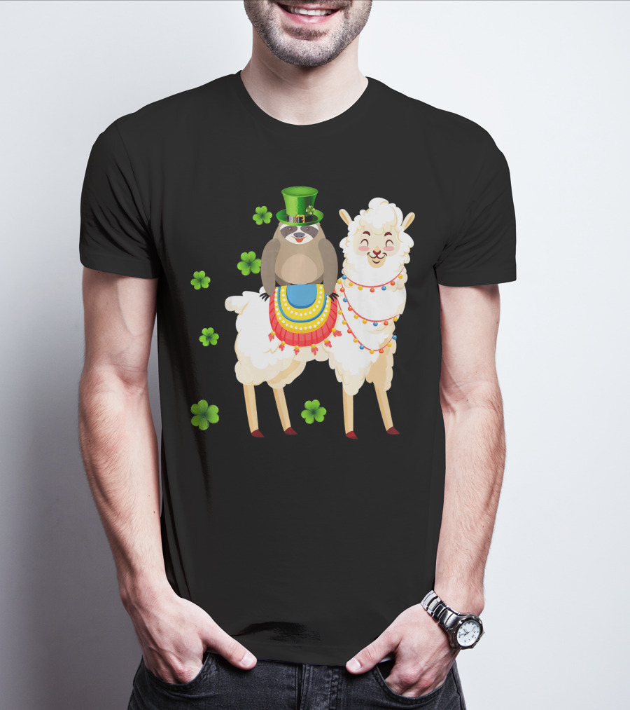 Leprechaun Sloth Riding Llama St Patrick's Day With Shamrocks T-Shirt