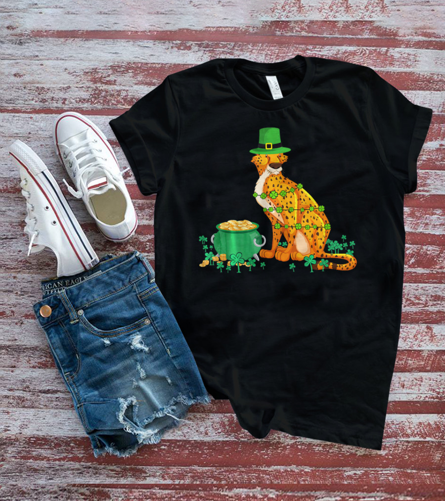 Leprechaun Cheetah Covered In Shamrocks With Pot Of Gold T-Shirt