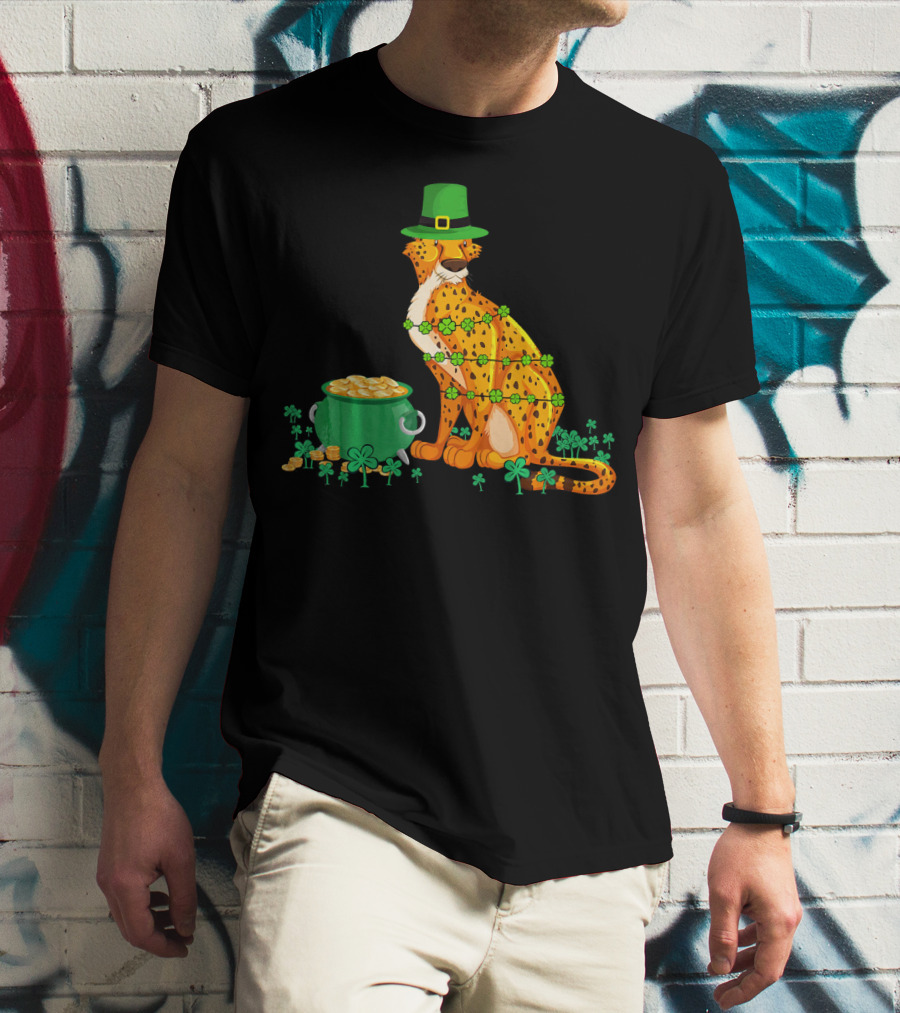 Leprechaun Cheetah Covered In Shamrocks With Pot Of Gold T-Shirt