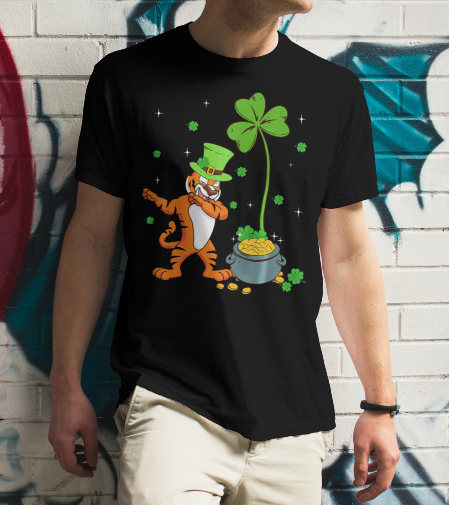 Shamrock Leprechaun Tiger St Patricks Gold Pot T-Shirt