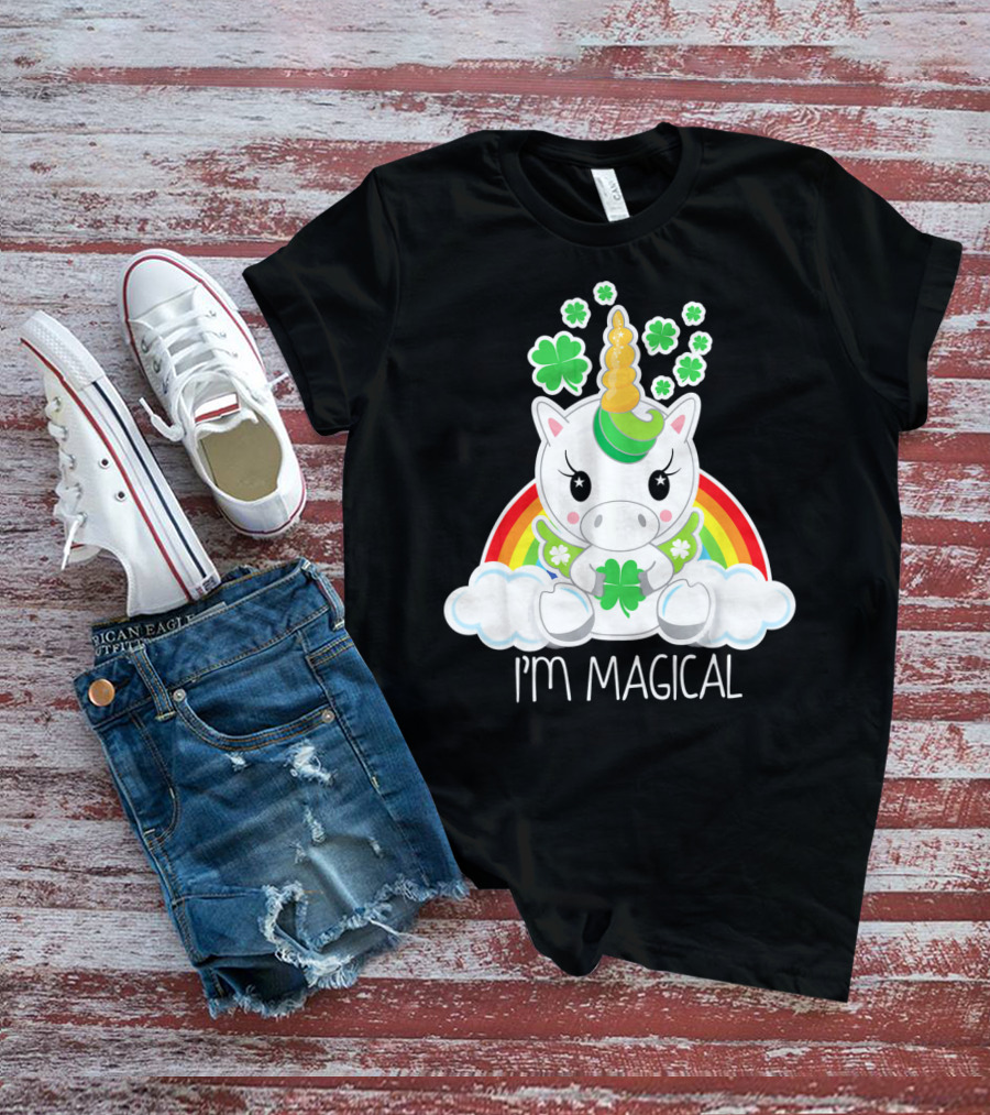 Girls Cute Unicorn I'm Magical Rainbow Clover T-Shirt