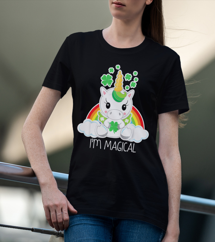 Girls Cute Unicorn I'm Magical Rainbow Clover T-Shirt
