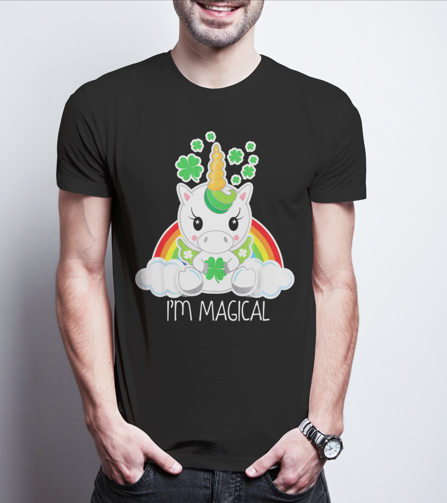 Girls Cute Unicorn I'm Magical Rainbow Clover T-Shirt