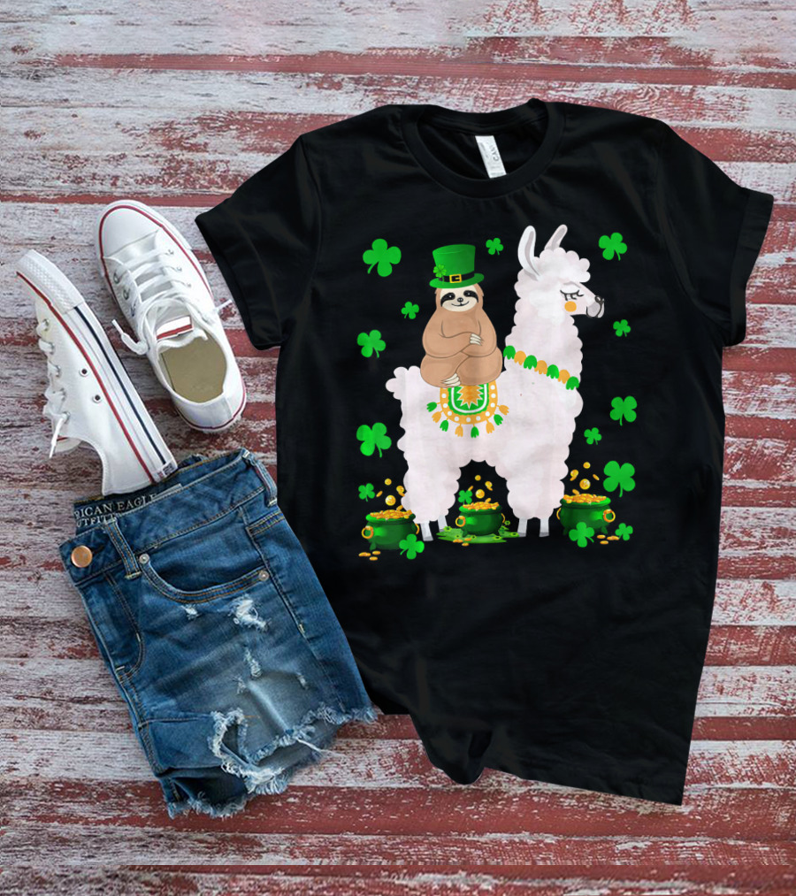 Leprechaun Sloth Riding Llama Surrounded By Shamrocks And Gold Coins St. Patric T-Shirt