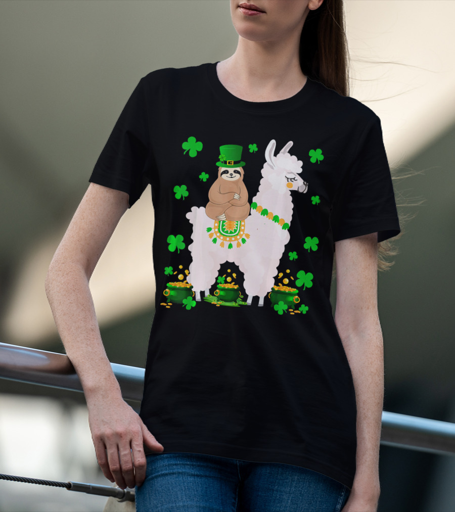 Leprechaun Sloth Riding Llama Surrounded By Shamrocks And Gold Coins St. Patric T-Shirt