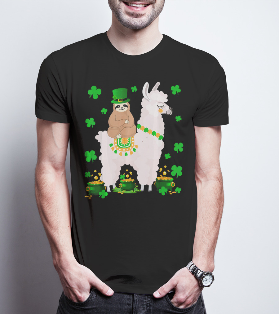 Leprechaun Sloth Riding Llama Surrounded By Shamrocks And Gold Coins St. Patric T-Shirt