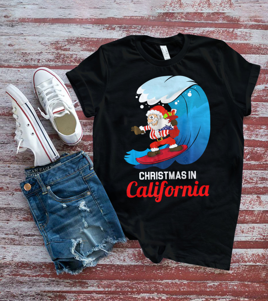 Santa Surfing Christmas In California T-Shirt