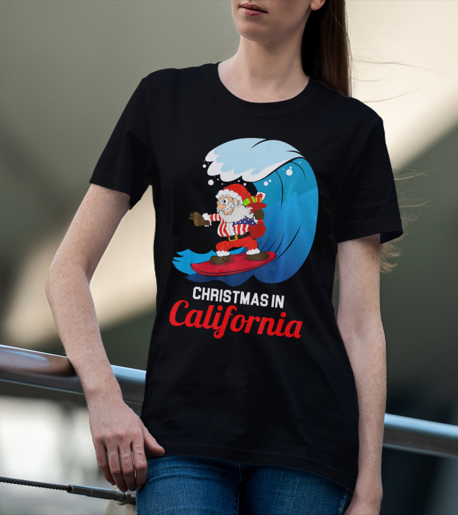 Santa Surfing Christmas In California T-Shirt