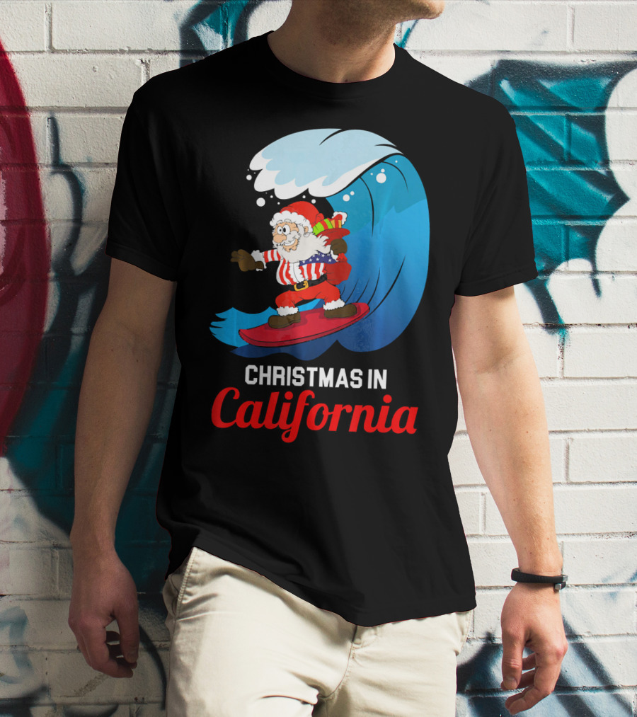 Santa Surfing Christmas In California T-Shirt