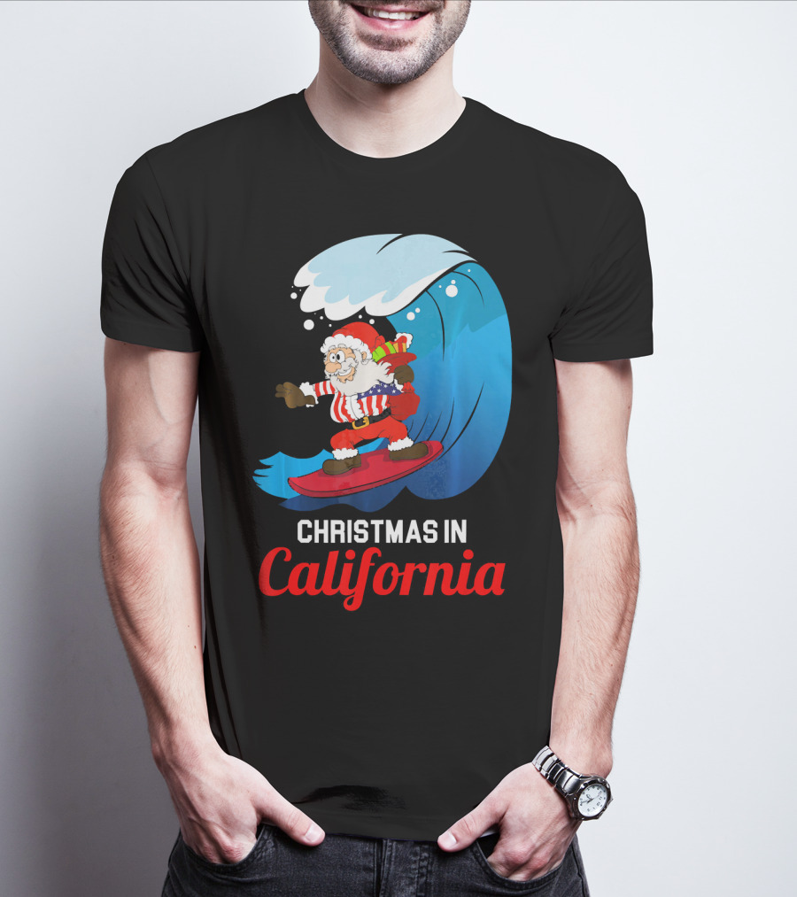Santa Surfing Christmas In California T-Shirt