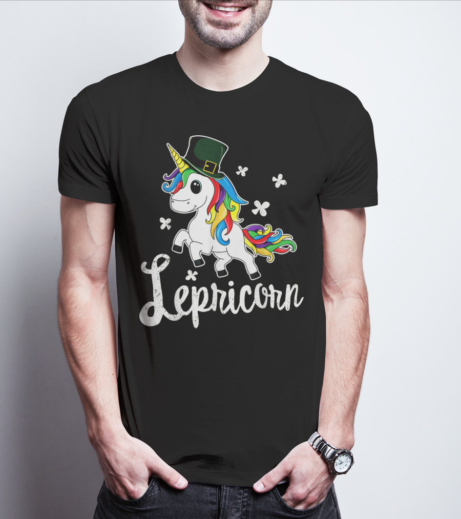 Lepricorn St Patricks Day Unicorn With Rainbow Mane And Leprechaun Hat T-Shirt
