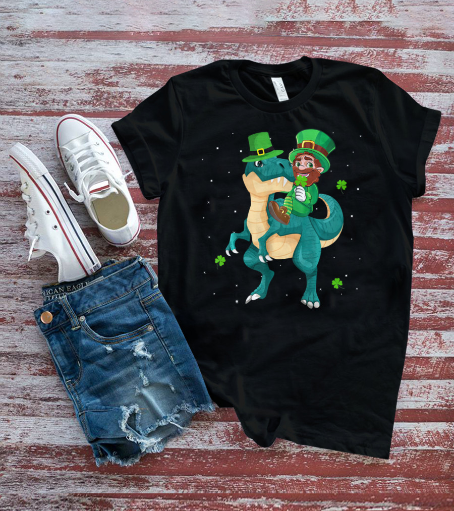Leprechaun Riding Rex Dinosaur With Shamrocks And Stars T-Shirt