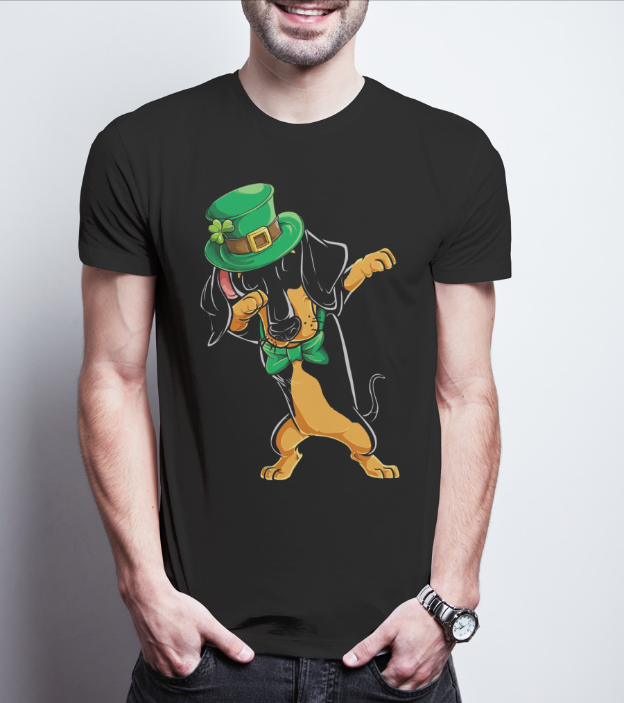 St. Patrick's Day Dabbing Dachshund With Green Hat And Bowtie T-Shirt