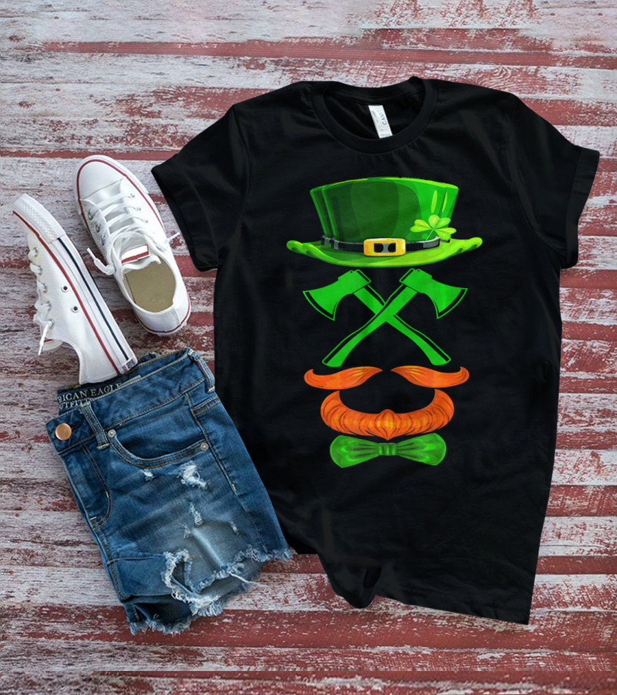 Leprechaun Hat And Crossed Axes With Orange Beard And Bow Tie T-Shirt
