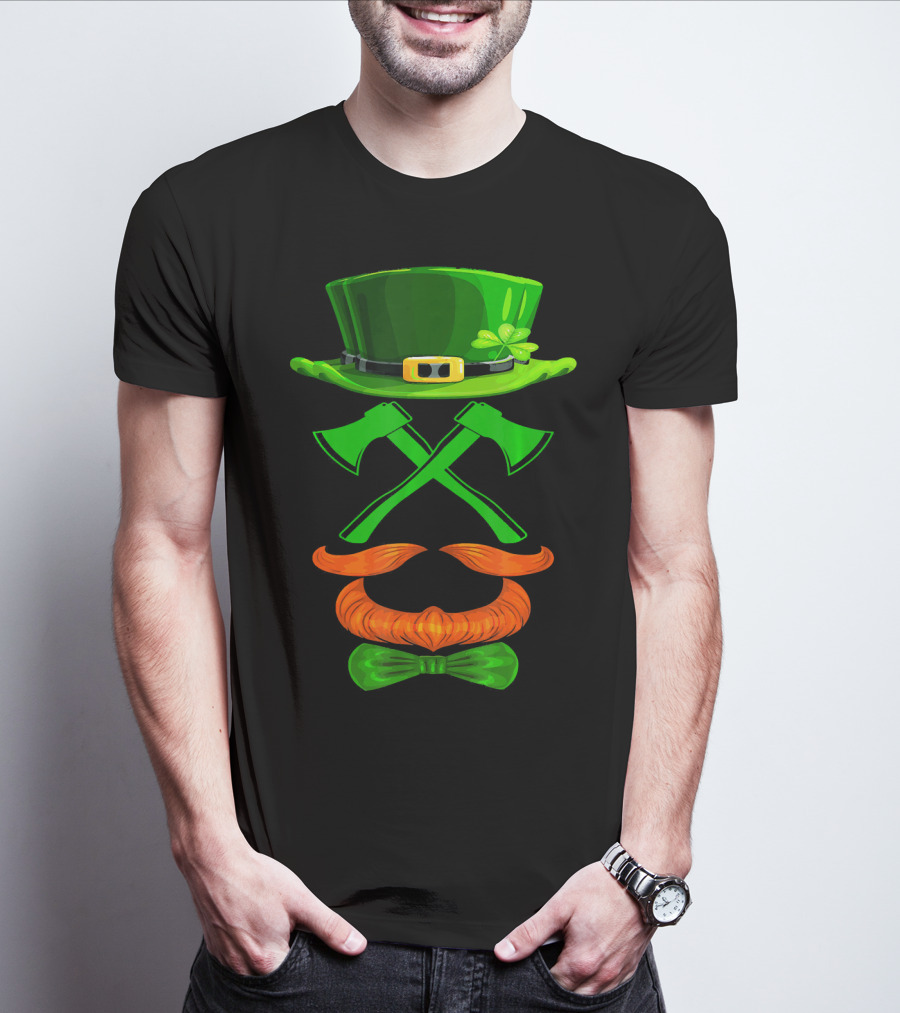 Leprechaun Hat And Crossed Axes With Orange Beard And Bow Tie T-Shirt