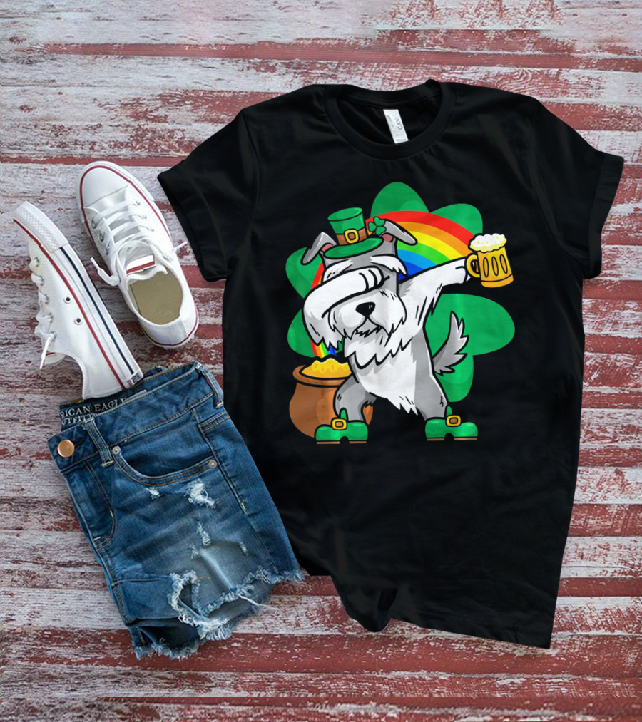 Funny Dabbing Schnauzer Leprechaun With Beer And Rainbow T-Shirt