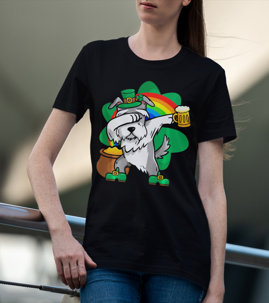 Funny Dabbing Schnauzer Leprechaun With Beer And Rainbow T-Shirt
