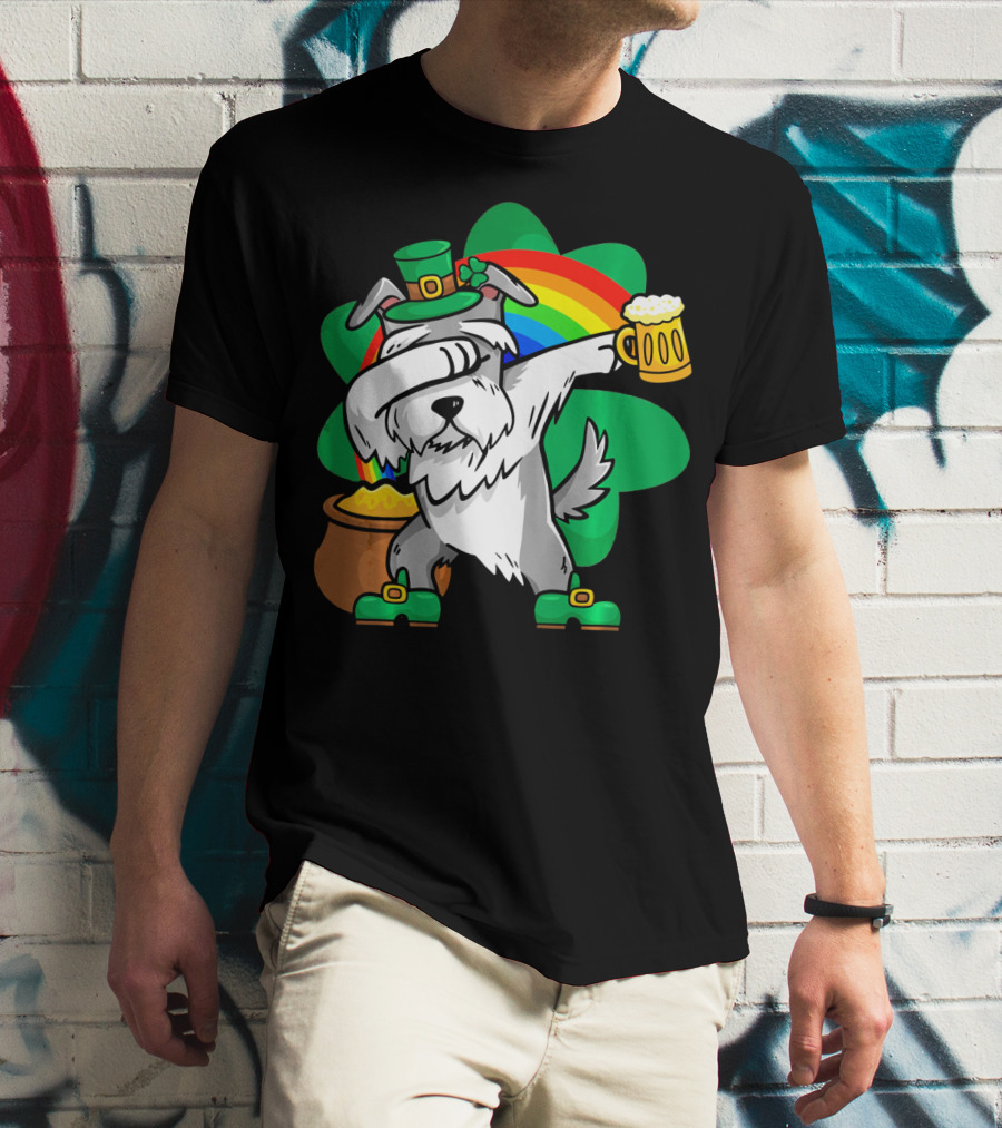 Funny Dabbing Schnauzer Leprechaun With Beer And Rainbow T-Shirt
