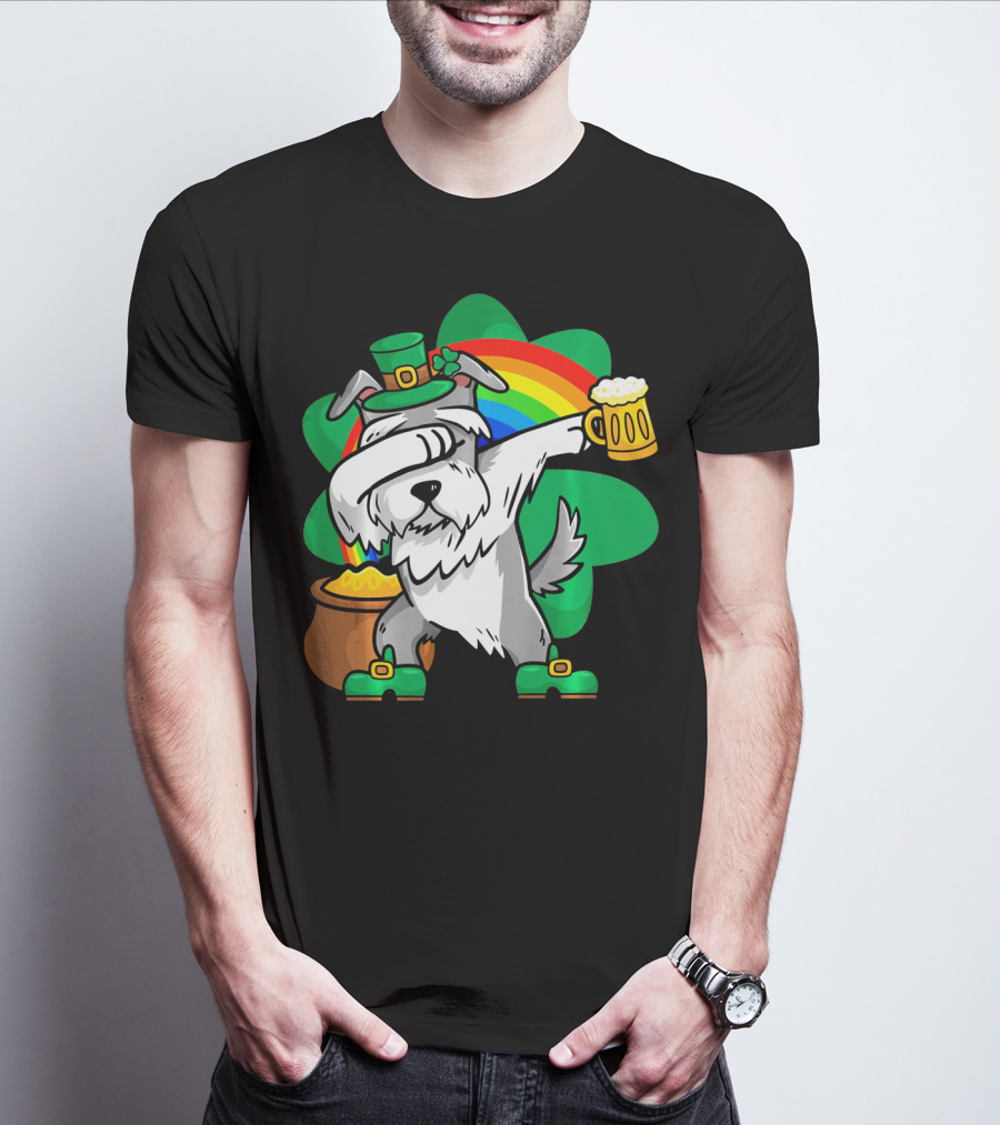 Funny Dabbing Schnauzer Leprechaun With Beer And Rainbow T-Shirt