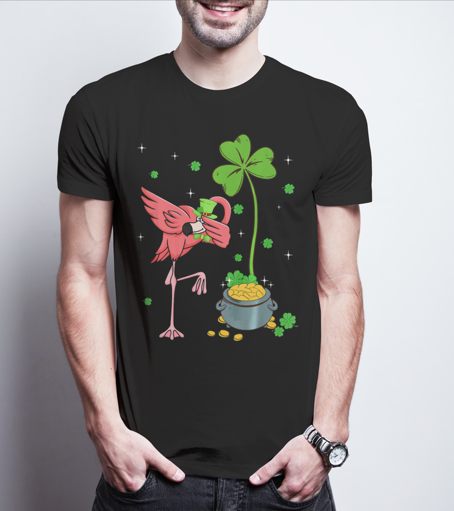 Shamrock Leprechaun Flamingo St Patricks Pot Of Gold T-Shirt