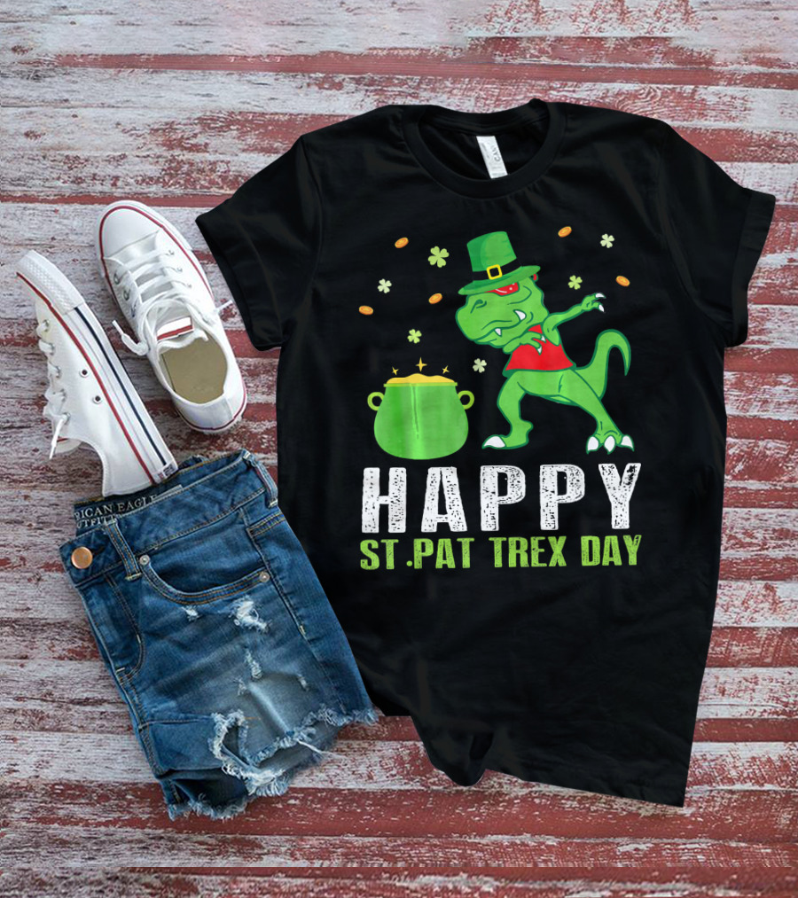 Happy St. Pat T-Rex Day Dinosaur Leprechaun Dabbing Pot Gold T-Shirt