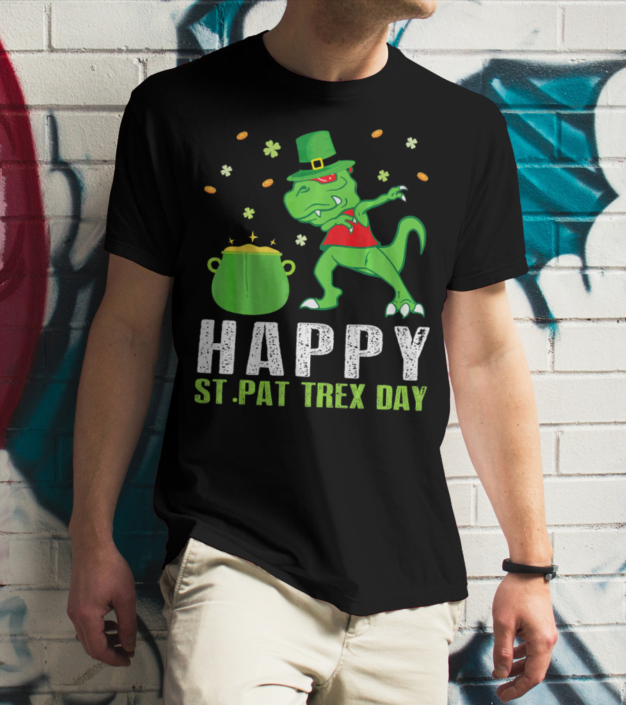 Happy St. Pat T-Rex Day Dinosaur Leprechaun Dabbing Pot Gold T-Shirt