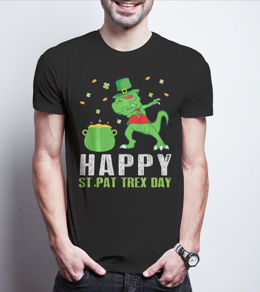 Happy St. Pat T-Rex Day Dinosaur Leprechaun Dabbing Pot Gold T-Shirt
