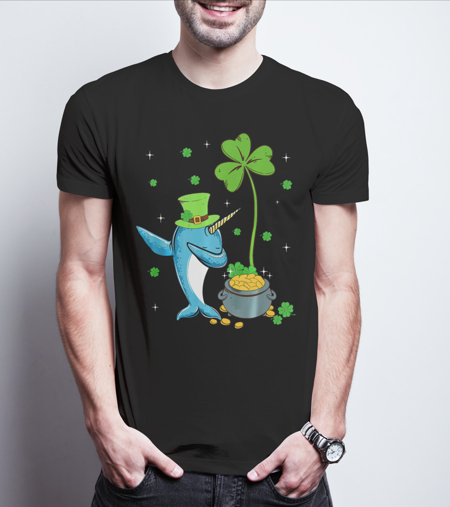 Shamrock Leprechaun Narwhal With Pot Of Gold St Patricks T-Shirt