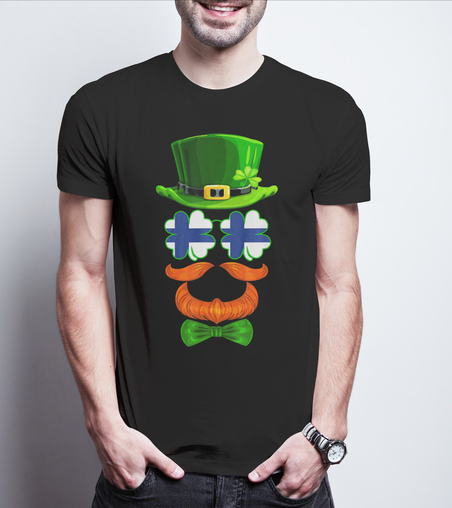 Finland Flag Shamrock Leprechaun Finnish Hat Mustache Bow Tie T-Shirt