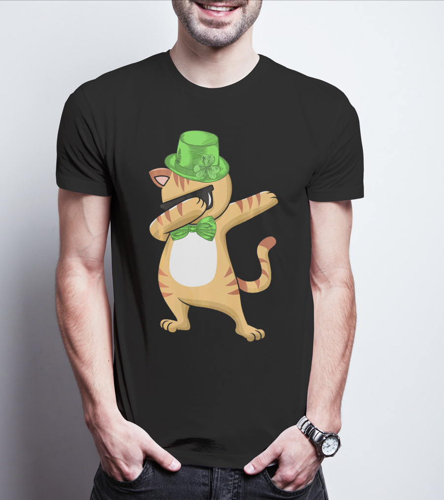 Dabbing Cat St Patricks Day Leprechaun Green Hat Clover Bow Tie T-Shirt