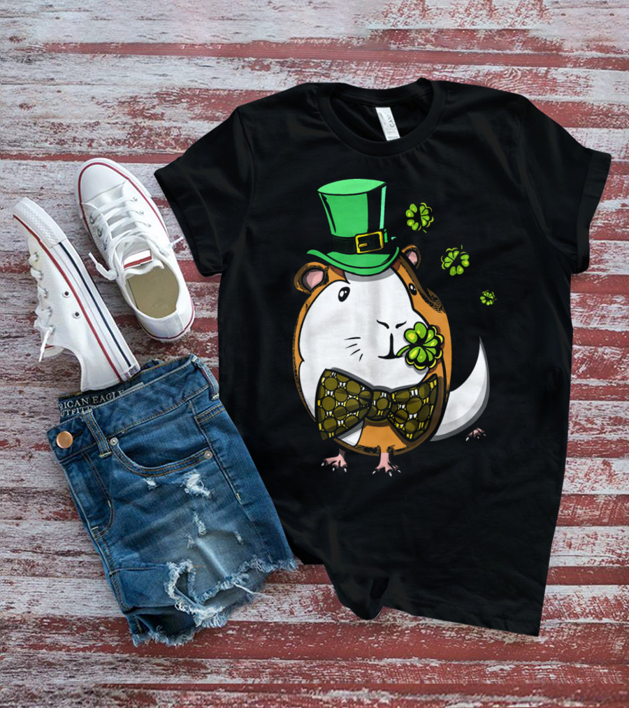 Leprechaun Guinea Pig St Patricks Irish Clover Bow Tie Green Hat T-Shirt