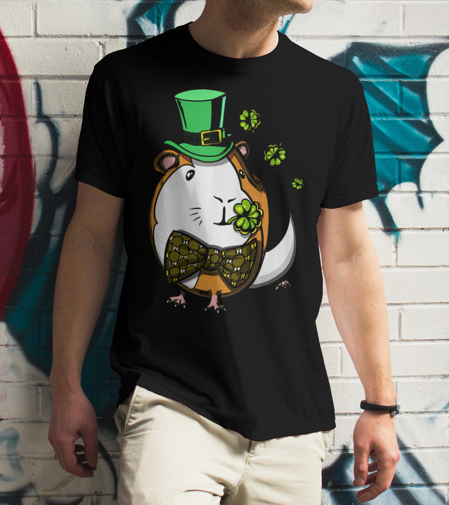 Leprechaun Guinea Pig St Patricks Irish Clover Bow Tie Green Hat T-Shirt
