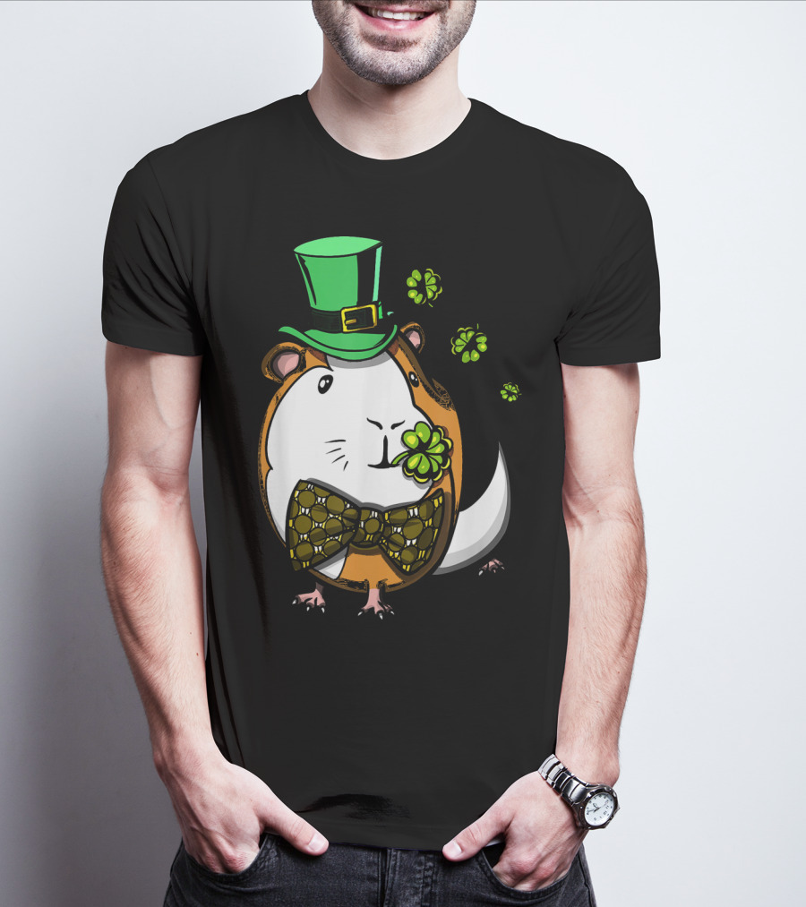 Leprechaun Guinea Pig St Patricks Irish Clover Bow Tie Green Hat T-Shirt