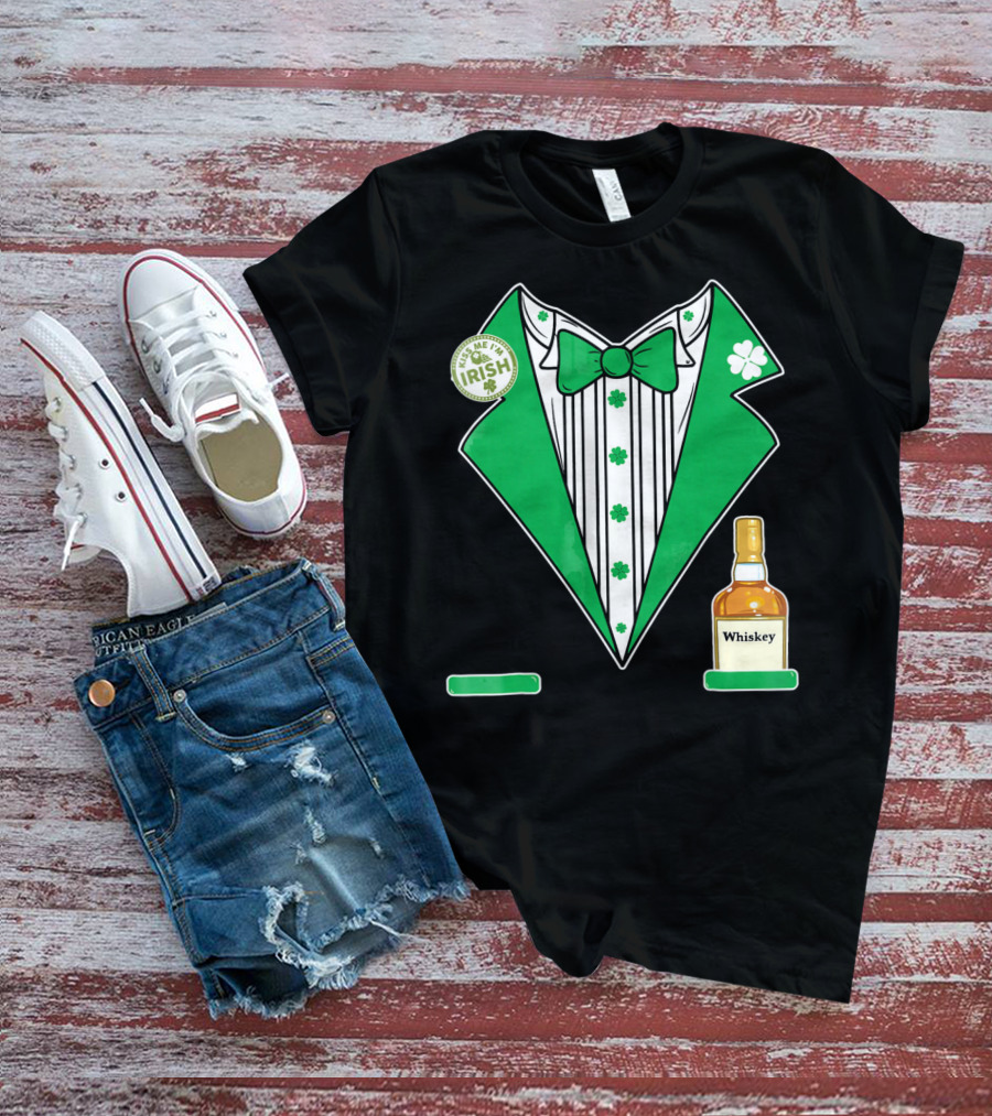 Kiss Me I'm Irish St. Patrick's Day Tuxedo With Whiskey Bottle And Shamrock T-Shirt