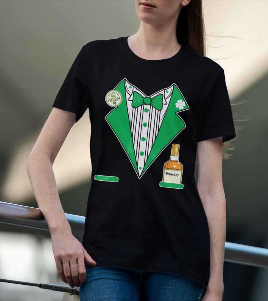 Kiss Me I'm Irish St. Patrick's Day Tuxedo With Whiskey Bottle And Shamrock T-Shirt