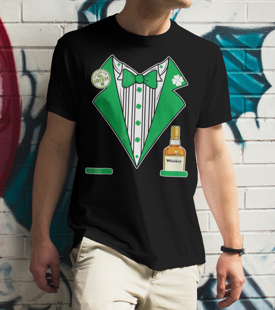 Kiss Me I'm Irish St. Patrick's Day Tuxedo With Whiskey Bottle And Shamrock T-Shirt