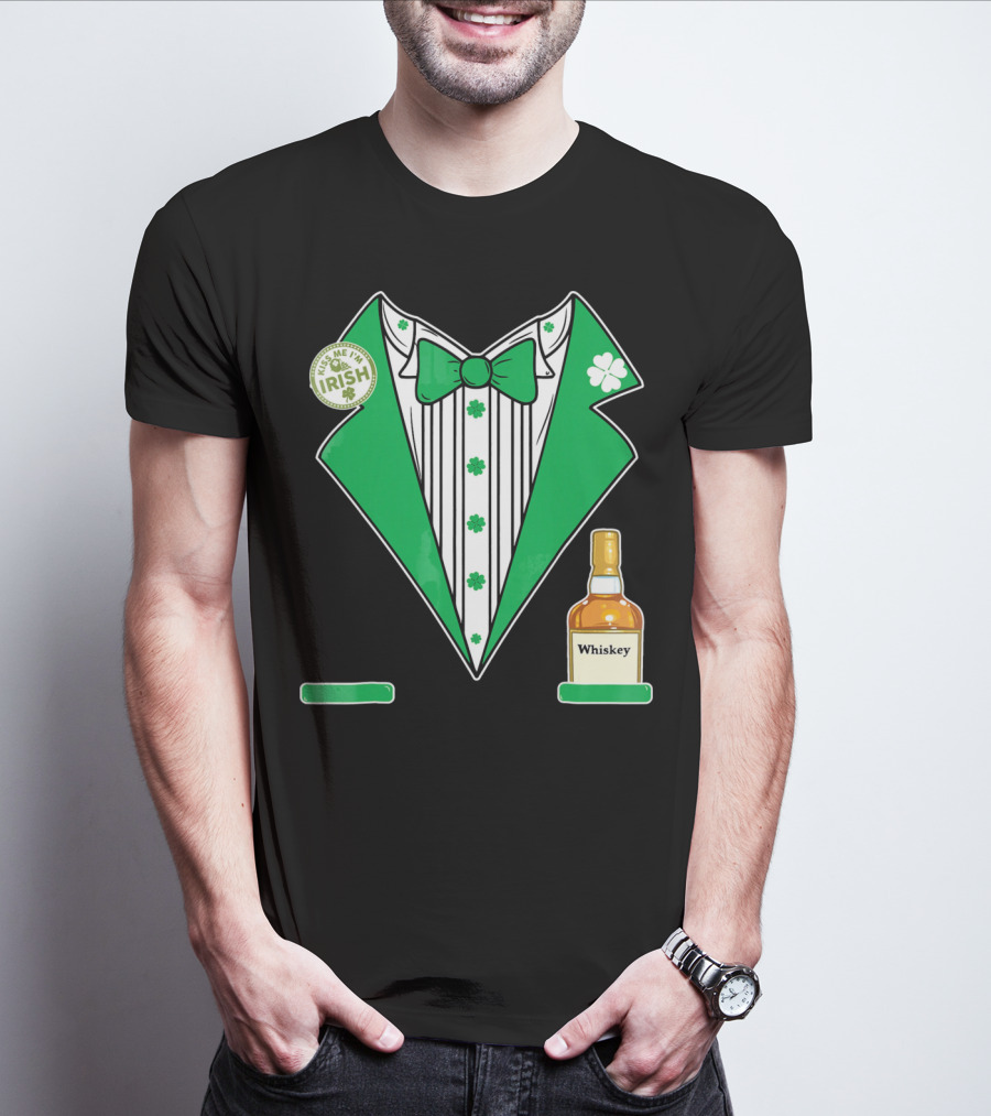 Kiss Me I'm Irish St. Patrick's Day Tuxedo With Whiskey Bottle And Shamrock T-Shirt