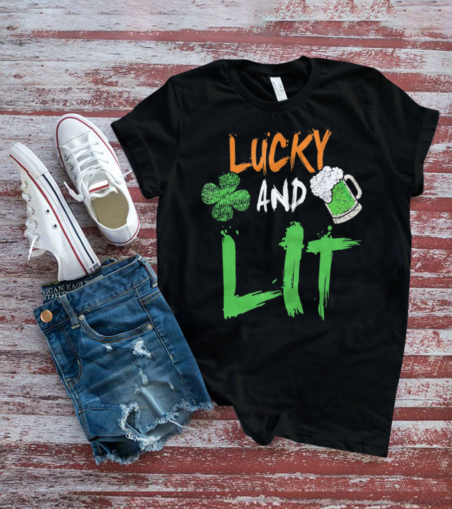 Lucky And Lit Irish Flag Shamrock Beer St. Patrick's Day T-Shirt