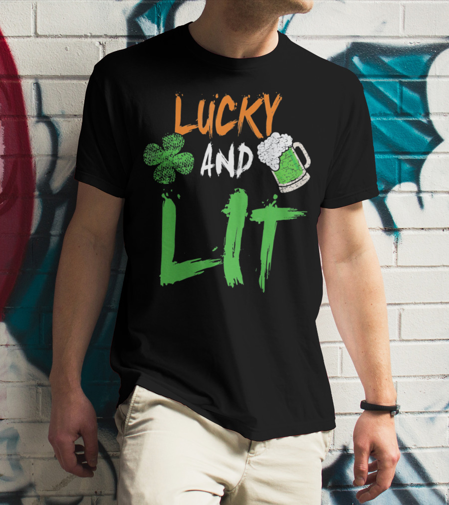 Lucky And Lit Irish Flag Shamrock Beer St. Patrick's Day T-Shirt