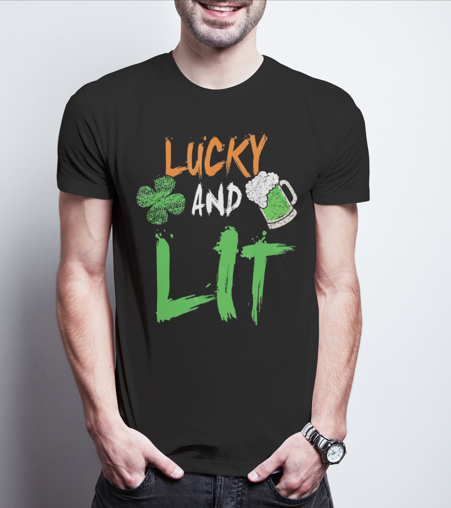 Lucky And Lit Irish Flag Shamrock Beer St. Patrick's Day T-Shirt