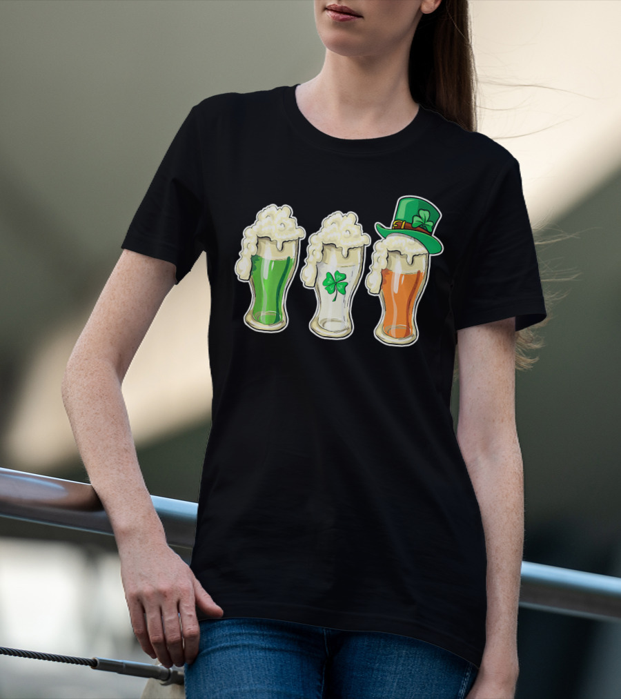 Irish Flag Beer Glasses With Shamrock And Leprechaun Hat T-Shirt