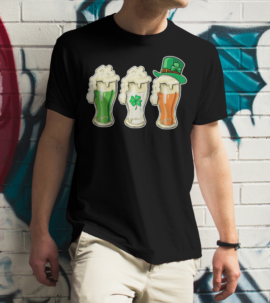 Irish Flag Beer Glasses With Shamrock And Leprechaun Hat T-Shirt