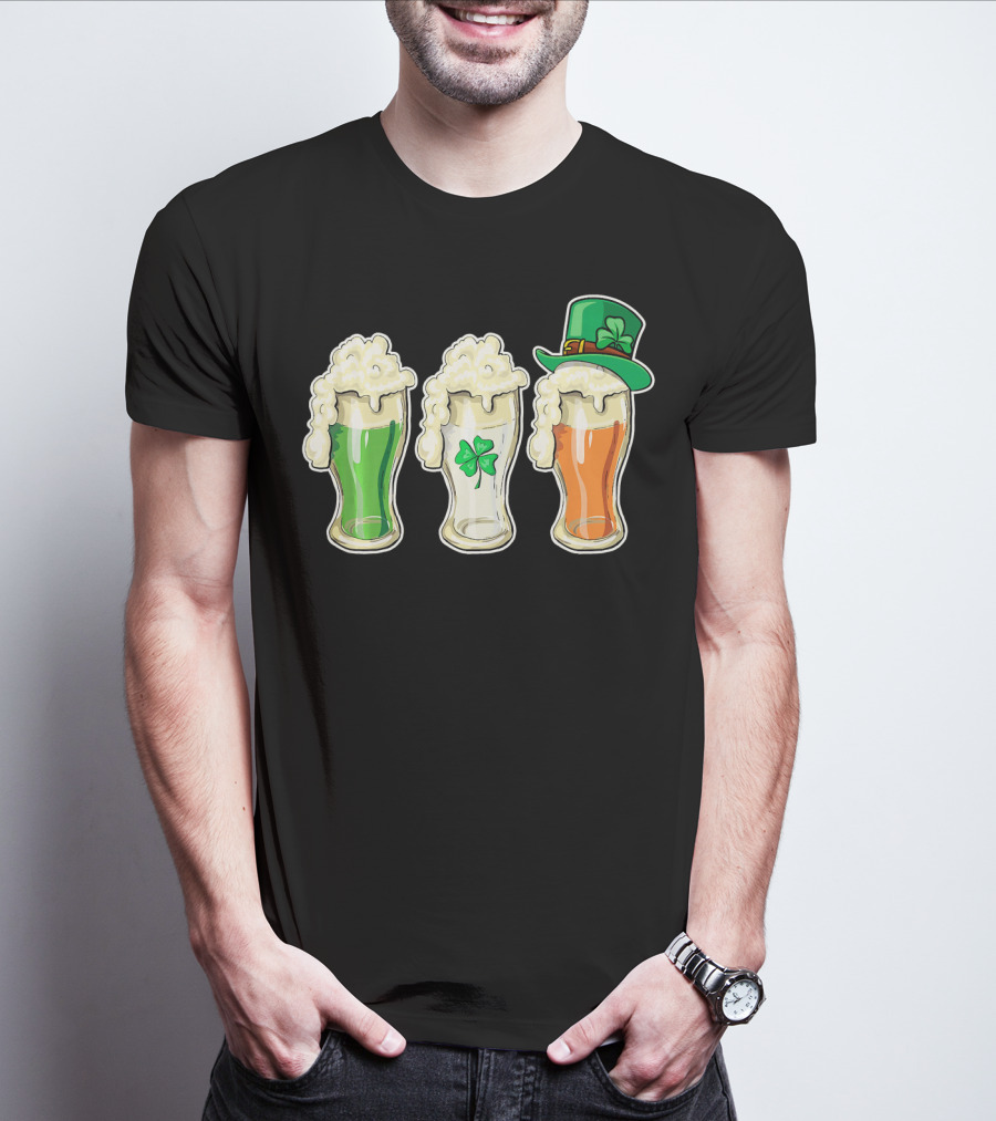 Irish Flag Beer Glasses With Shamrock And Leprechaun Hat T-Shirt