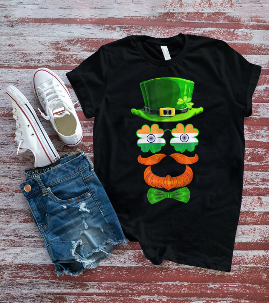 India Flag Shamrock Leprechaun Green Hat Orange Mustache Bow Tie T-Shirt