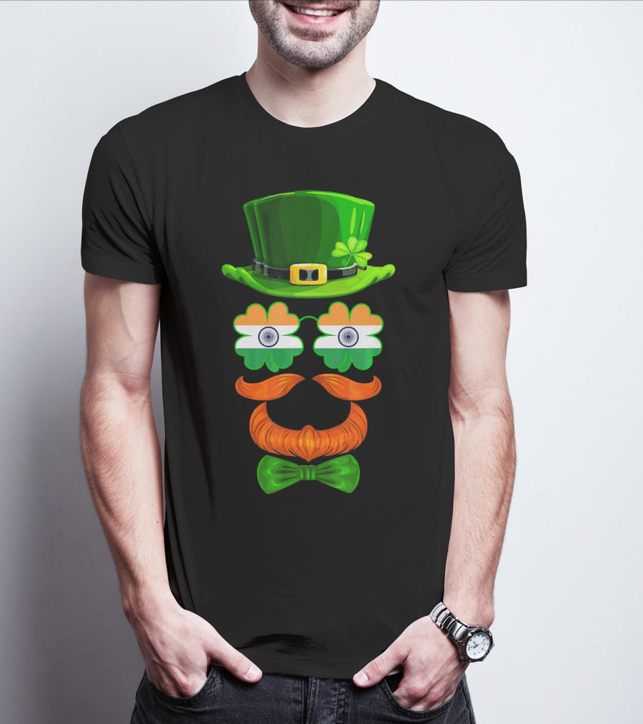 India Flag Shamrock Leprechaun Green Hat Orange Mustache Bow Tie T-Shirt