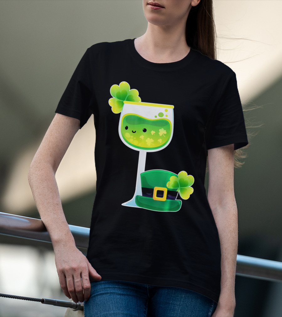 Saint Patrick's Day Green Shamrock Wine Glass With Leprechaun Hat T-Shirt