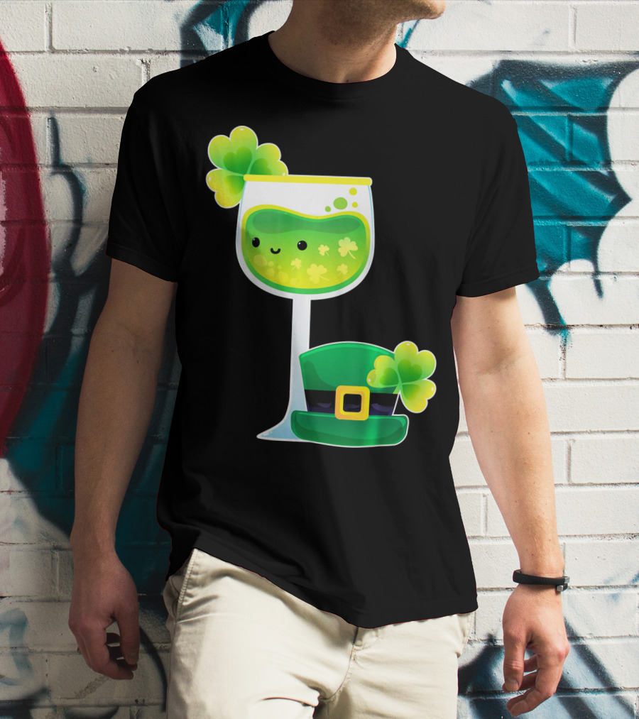 Saint Patrick's Day Green Shamrock Wine Glass With Leprechaun Hat T-Shirt