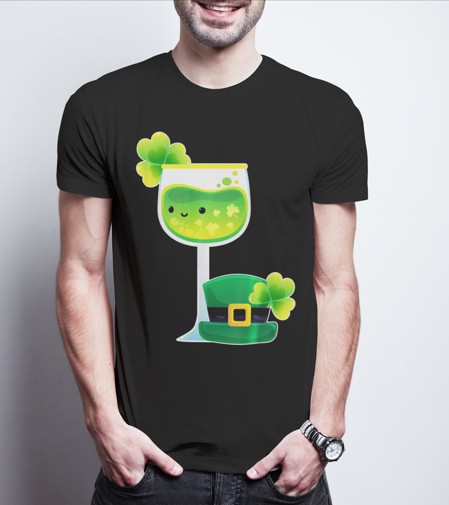 Saint Patrick's Day Green Shamrock Wine Glass With Leprechaun Hat T-Shirt