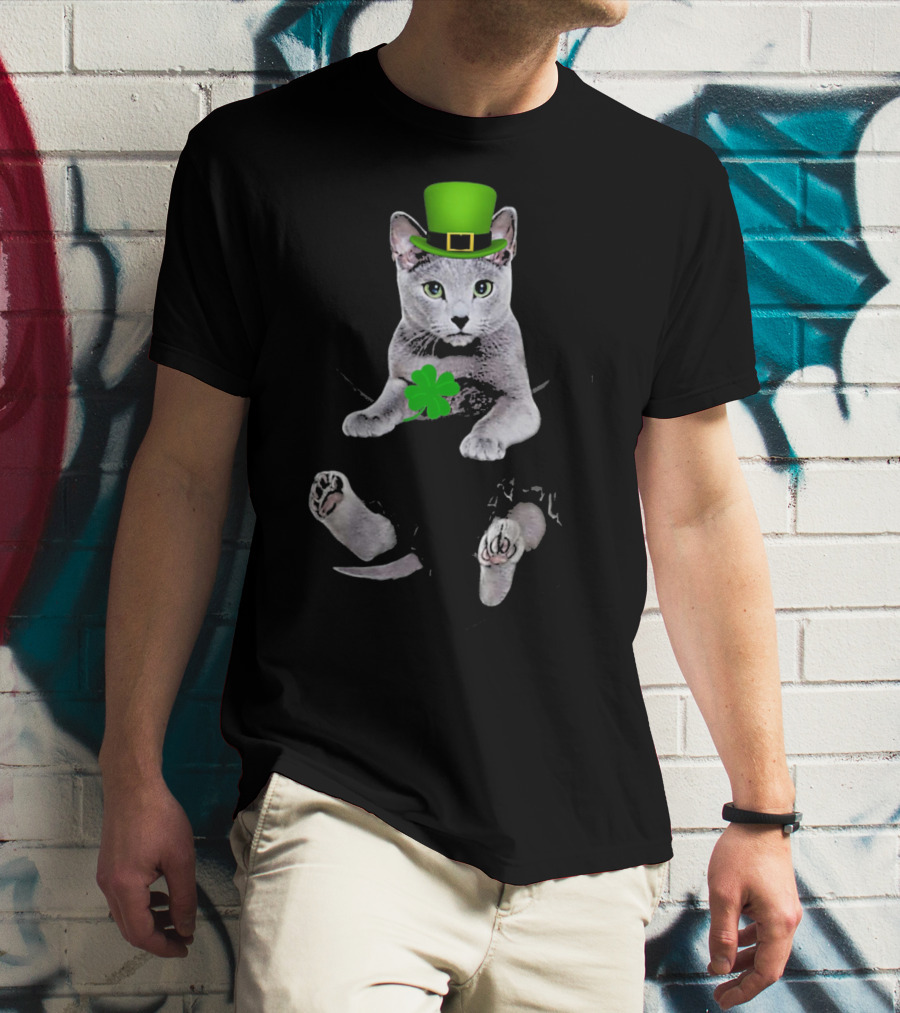 St Patricks Day Russian Blue Cat With Shamrock And Green Hat T-Shirt