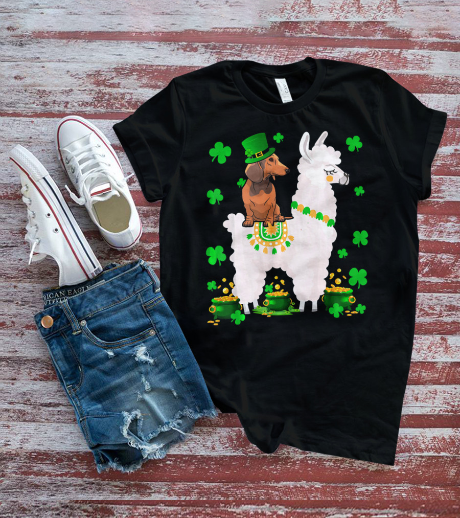 Leprechaun Dachshund Riding Llama Shamrocks Pots Of Gold T-Shirt